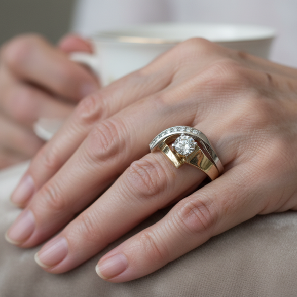 Anel Vintage Ebaühtlane V Kulda ja Hõbedat Zirkoniga